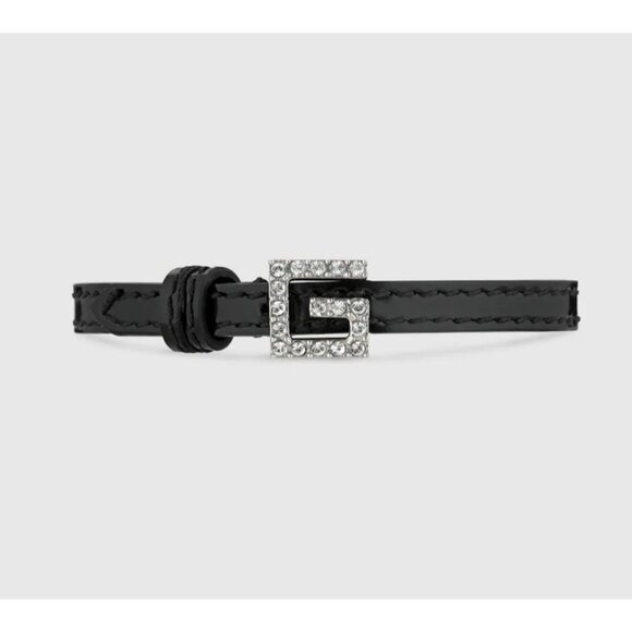 Gucci Leather Bracelet With Square G Crystal Black - Picture 1 of 8